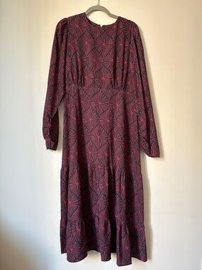 Women's Long Sleeve Midi Dress in Dark Pink Geometric Print